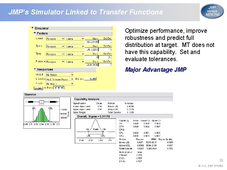 JMP’s Simulator Linked to Transfer Functions Optimize performance, improve robustness and predict full distribution