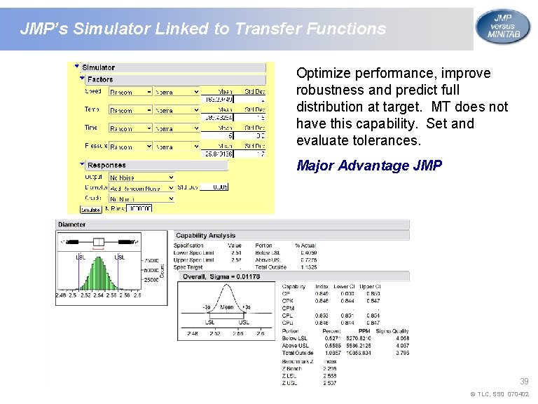 JMP’s Simulator Linked to Transfer Functions Optimize performance, improve robustness and predict full distribution JMP’s Simulator Linked to Transfer Functions Optimize performance, improve robustness and predict full distribution