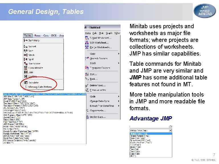 General Design, Tables Minitab uses projects and worksheets as major file formats; where projects