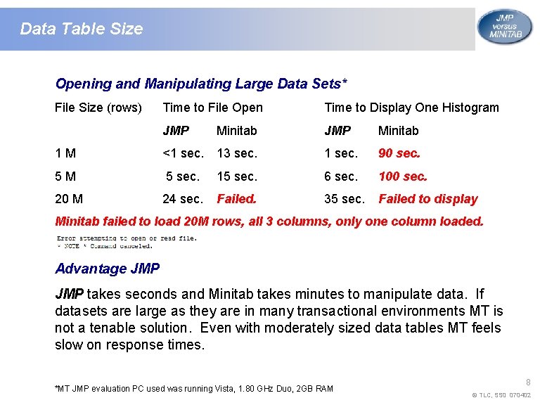 Data Table Size Opening and Manipulating Large Data Sets* File Size (rows) Time to