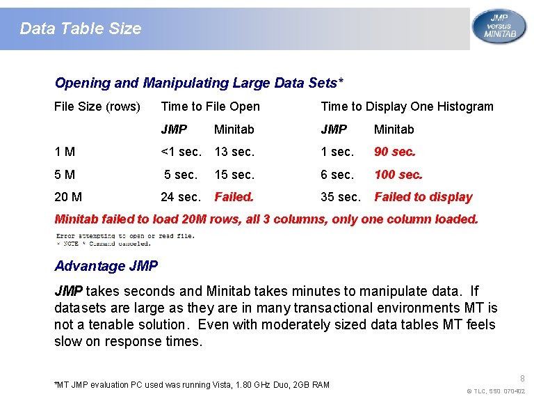 Data Table Size Opening and Manipulating Large Data Sets* File Size (rows) Time to Data Table Size Opening and Manipulating Large Data Sets* File Size (rows) Time to