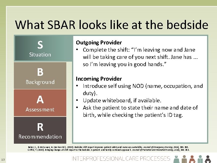What SBAR looks like at the bedside S Situation B Background A Assessment Outgoing