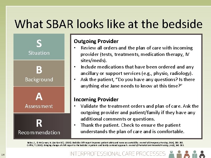 What SBAR looks like at the bedside S Situation B Background A Assessment R