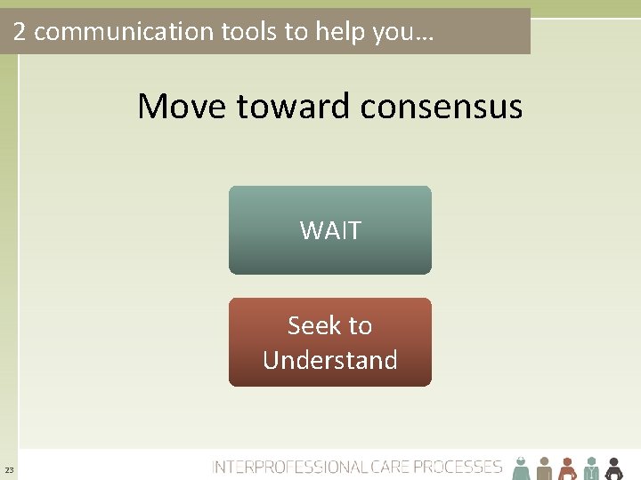 2 communication tools to help you… Move toward consensus WAIT Seek to Understand 23