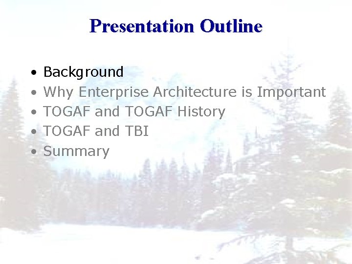 Presentation Outline • • • Background Why Enterprise Architecture is Important TOGAF and TOGAF