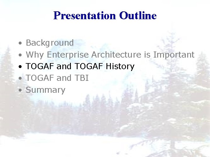 Presentation Outline • • • Background Why Enterprise Architecture is Important TOGAF and TOGAF