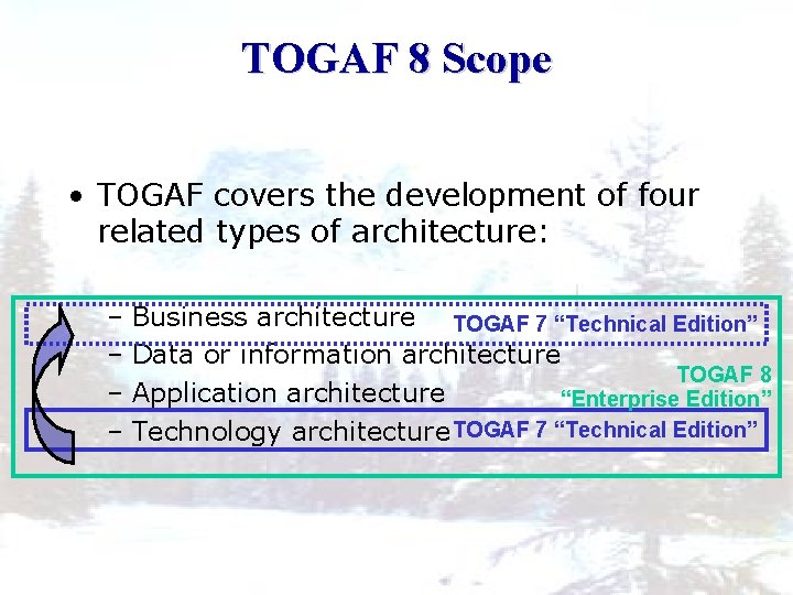 TOGAF 8 Scope • TOGAF covers the development of four related types of architecture: