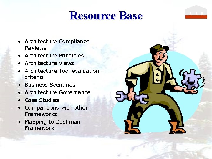 Resource Base • Architecture Compliance Reviews • Architecture Principles • Architecture Views • Architecture