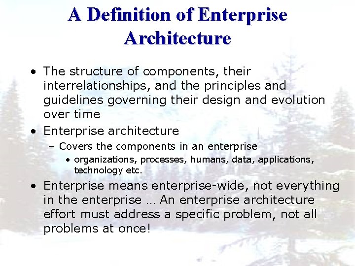 A Definition of Enterprise Architecture • The structure of components, their interrelationships, and the