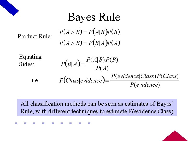 Bayes Rule Product Rule: Equating Sides: i. e. All classification methods can be seen