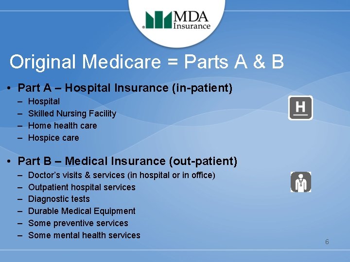 Original Medicare = Parts A & B • Part A – Hospital Insurance (in-patient)