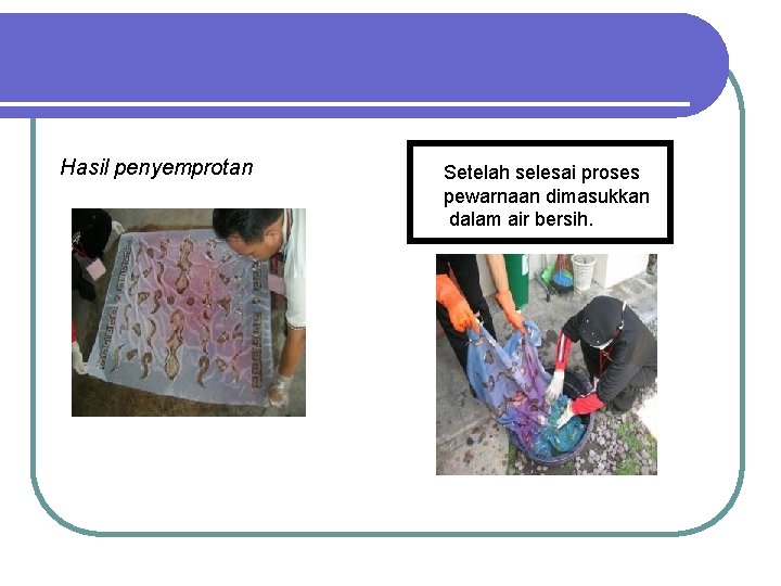 Hasil penyemprotan Setelah selesai proses pewarnaan dimasukkan dalam air bersih. 