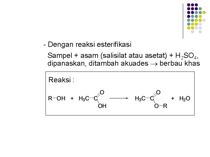 - Dengan reaksi esterifikasi Sampel + asam (salisilat atau asetat) + H 2 SO