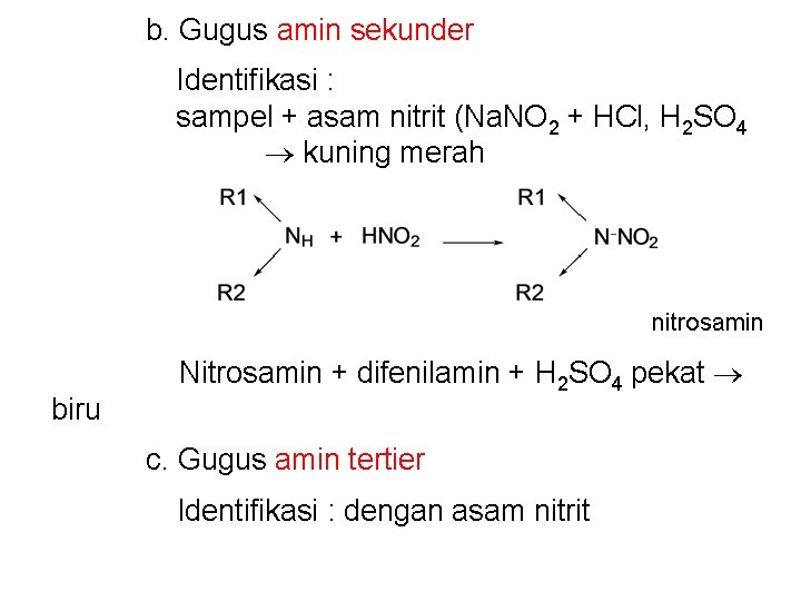 b. Gugus amin sekunder Identifikasi : sampel + asam nitrit (Na. NO 2 +