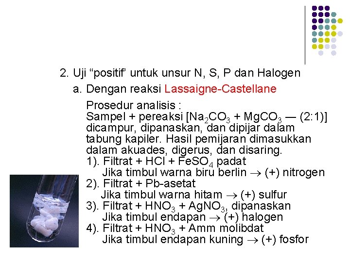 2. Uji “positif’ untuk unsur N, S, P dan Halogen a. Dengan reaksi Lassaigne-Castellane