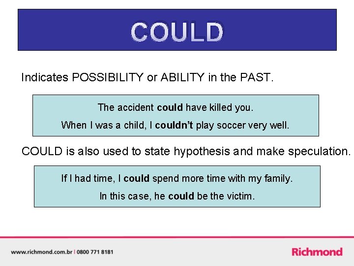COULD Indicates POSSIBILITY or ABILITY in the PAST. The accident could have killed you.