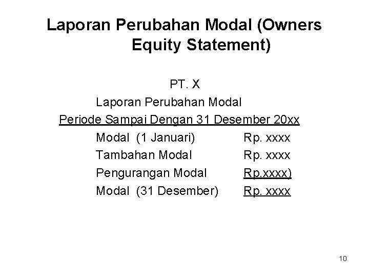 Laporan Perubahan Modal (Owners Equity Statement) PT. X Laporan Perubahan Modal Periode Sampai Dengan