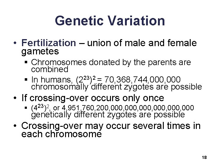 Genetic Variation • Fertilization – union of male and female gametes § Chromosomes donated