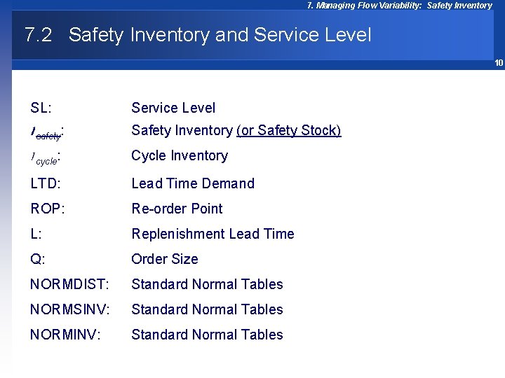 7. Managing Flow Variability: Safety Inventory 7. 2 Safety Inventory and Service Level 10