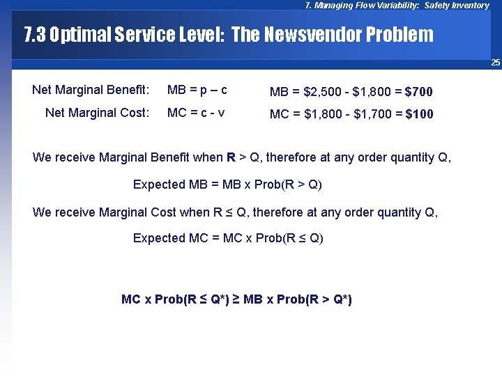 7. Managing Flow Variability: Safety Inventory 7. 3 Optimal Service Level: The Newsvendor Problem