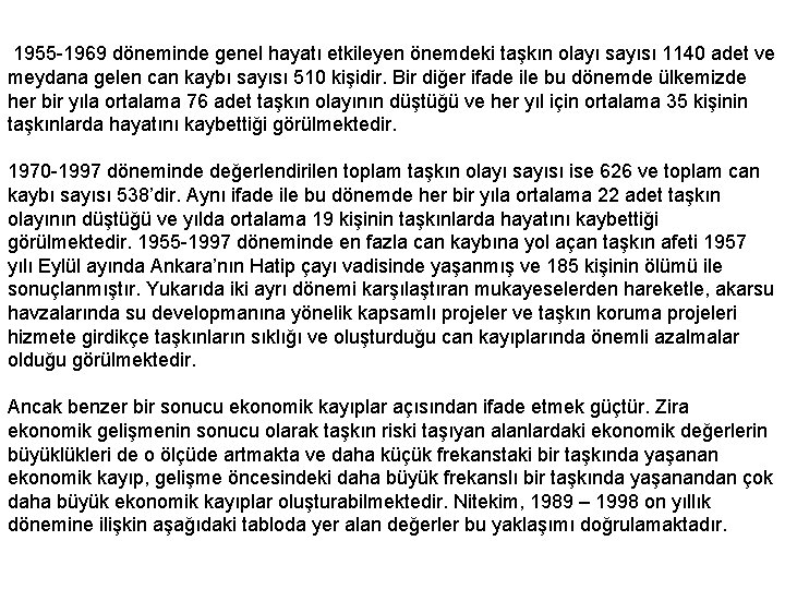  1955 -1969 döneminde genel hayatı etkileyen önemdeki taşkın olayı sayısı 1140 adet ve