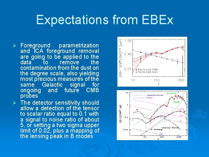 Expectations from EBEx Foreground parametrization and ICA foreground removal are going to be applied