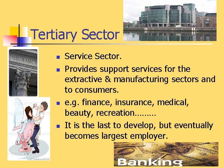 Tertiary Sector n n Service Sector. Provides support services for the extractive & manufacturing