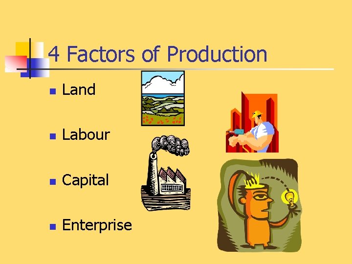 4 Factors of Production n Land n Labour n Capital n Enterprise 