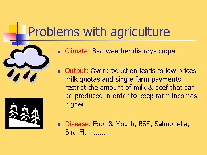 Problems with agriculture n n n Climate: Bad weather distroys crops. Output: Overproduction leads