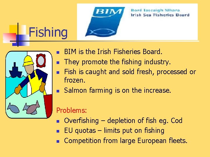 Fishing n n BIM is the Irish Fisheries Board. They promote the fishing industry.