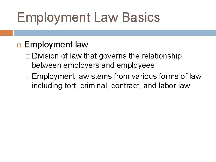 Employment Law Basics Employment law � Division of law that governs the relationship between