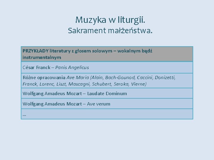 Muzyka w liturgii. Sakrament małżeństwa. PRZYKŁADY literatury z głosem solowym – wokalnym bądź instrumentalnym