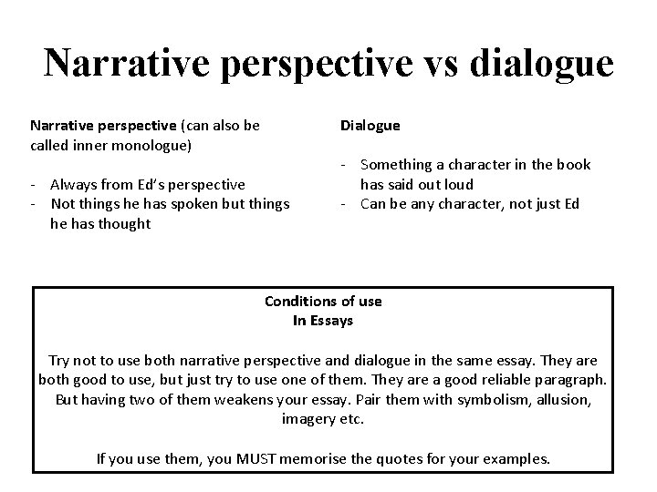 Narrative perspective vs dialogue Narrative perspective (can also be called inner monologue) Dialogue -