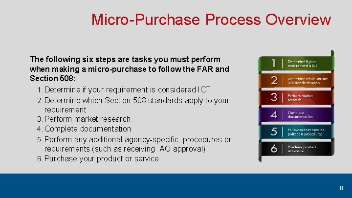 Micro-Purchase Process Overview The following six steps are tasks you must perform when making