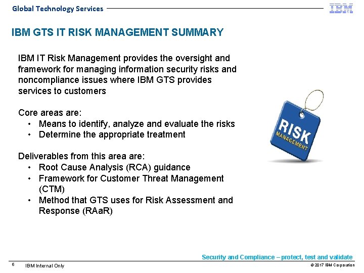 Global Technology Services IBM GTS IT RISK MANAGEMENT SUMMARY IBM IT Risk Management provides
