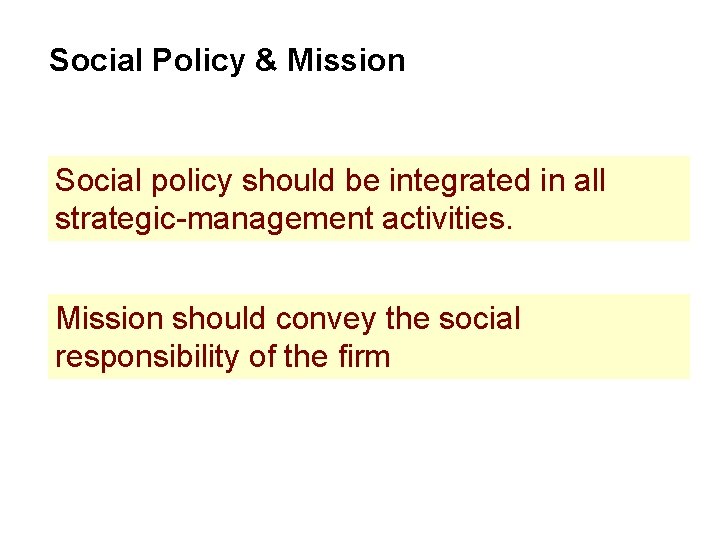 Social Policy & Mission Social policy should be integrated in all strategic-management activities. Mission