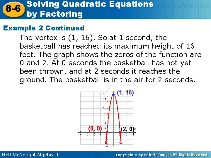 Solving Quadratic Equations 8 -6 by Factoring Example 2 Continued The vertex is (1,