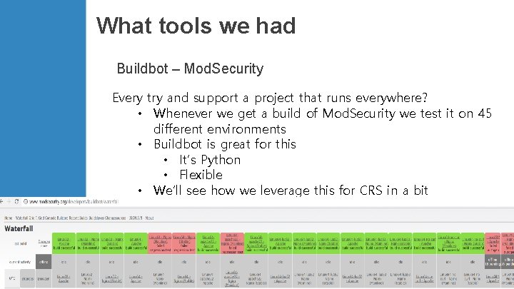 What tools we had Buildbot – Mod. Security Every try and support a project