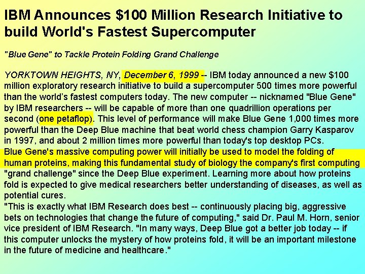 IBM Announces $100 Million Research Initiative to build World's Fastest Supercomputer "Blue Gene" to