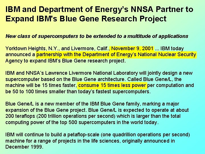 IBM and Department of Energy’s NNSA Partner to Expand IBM's Blue Gene Research Project