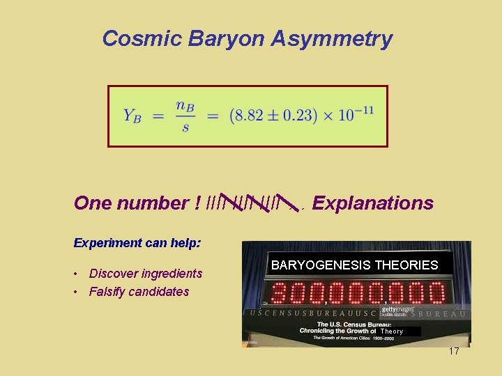 Cosmic Baryon Asymmetry One number ! IIII … Explanations Experiment can help: • Discover