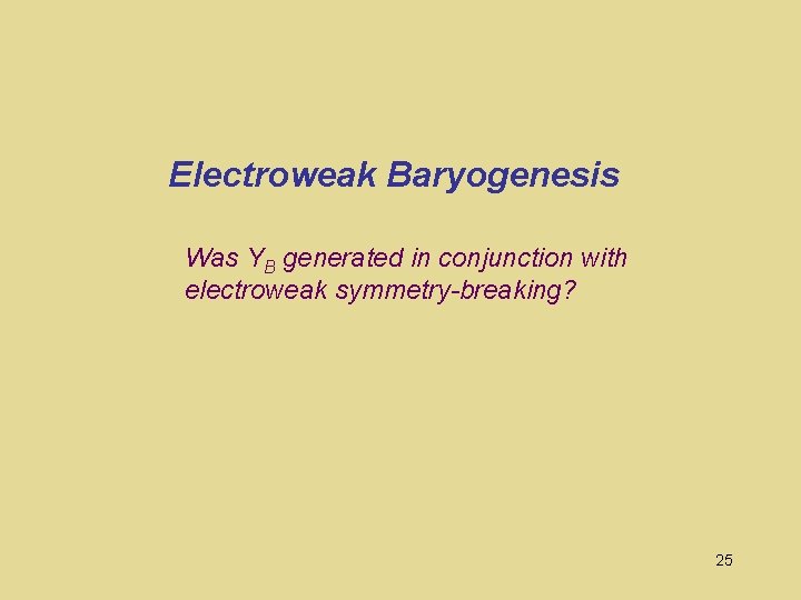 Electroweak Baryogenesis Was YB generated in conjunction with electroweak symmetry-breaking? 25 