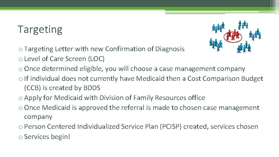Targeting o Targeting Letter with new Confirmation of Diagnosis o Level of Care Screen