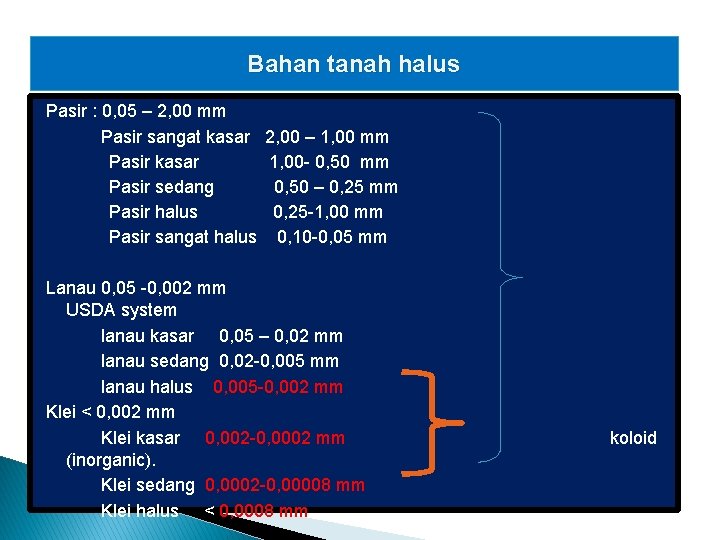 Bahan tanah halus Pasir : 0, 05 – 2, 00 mm Pasir sangat kasar