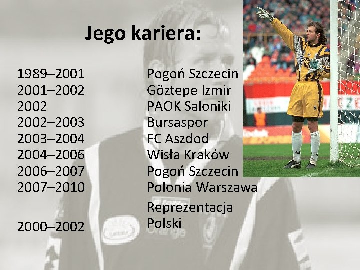 Jego kariera: 1989– 2001– 2002– 2003– 2004– 2006– 2007– 2010 2000– 2002 Pogoń Szczecin