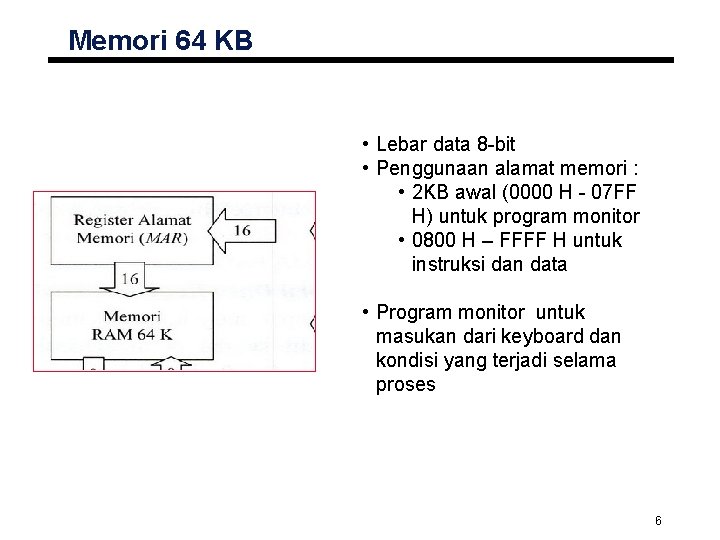 Memori 64 KB • Lebar data 8 -bit • Penggunaan alamat memori : •