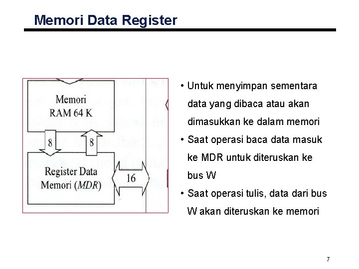 Memori Data Register • Untuk menyimpan sementara data yang dibaca atau akan dimasukkan ke