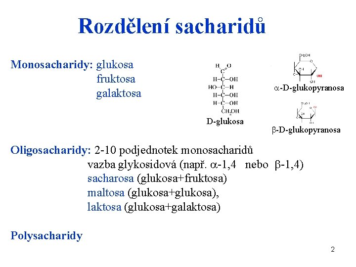 Rozdělení sacharidů Monosacharidy: glukosa fruktosa galaktosa a-D-glukopyranosa D-glukosa -D-glukopyranosa Oligosacharidy: 2 -10 podjednotek monosacharidů