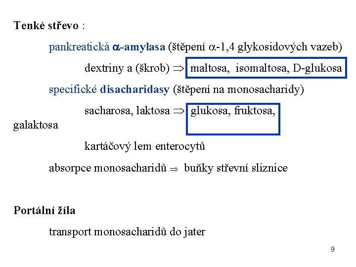 Tenké střevo : pankreatická a-amylasa (štěpení a-1, 4 glykosidových vazeb) dextriny a (škrob) maltosa,