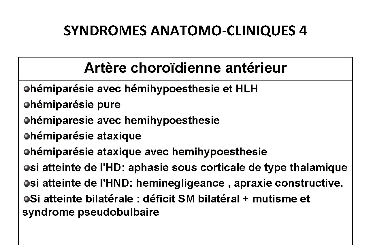 SYNDROMES ANATOMO-CLINIQUES 4 Artère choroïdienne antérieur hémiparésie avec hémihypoesthesie et HLH hémiparésie pure hémiparesie